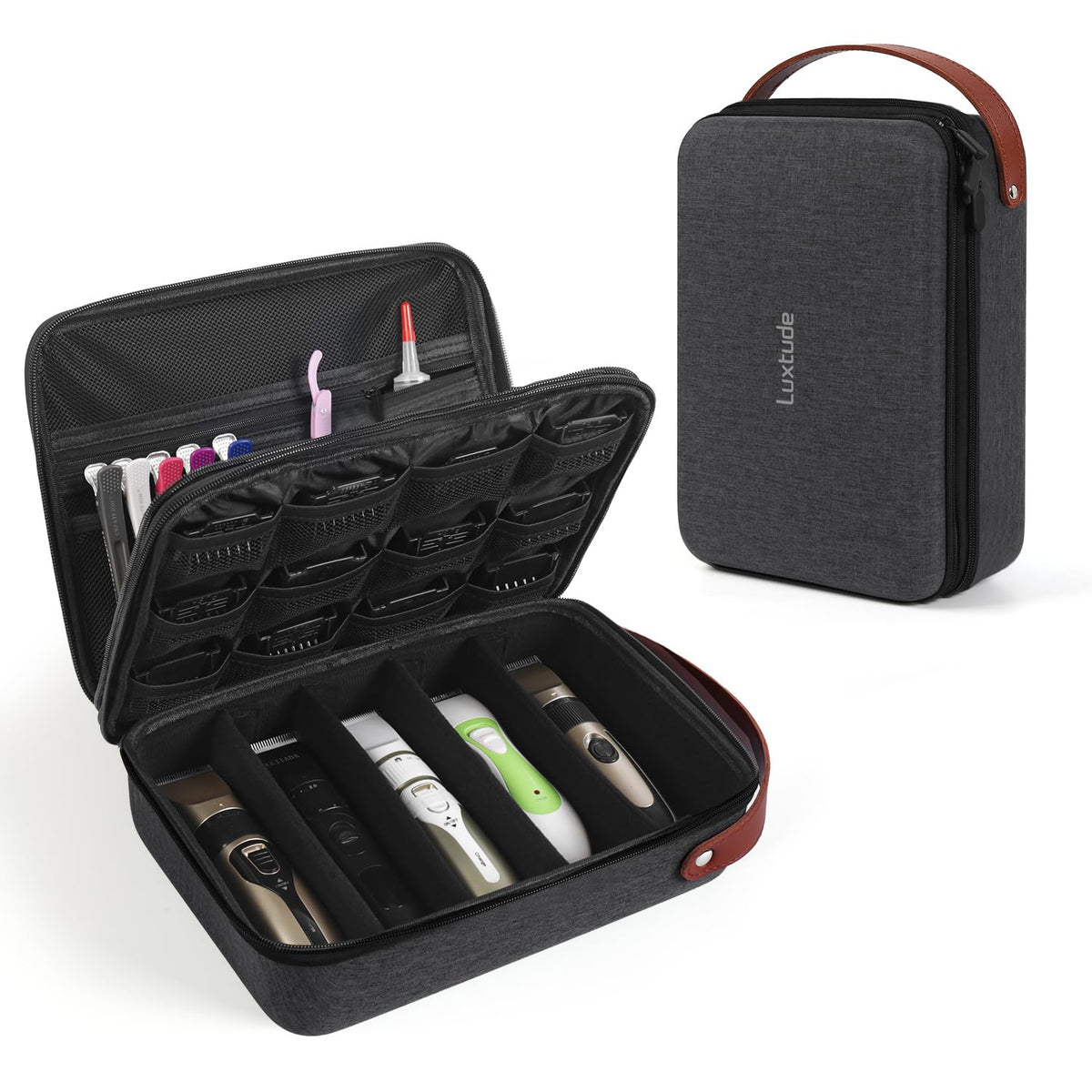 Luxtude large barber case open with compartments for tools and blades.