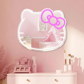 Luxuosa neon sign mirror with cat motif provides cozy makeup lighting.