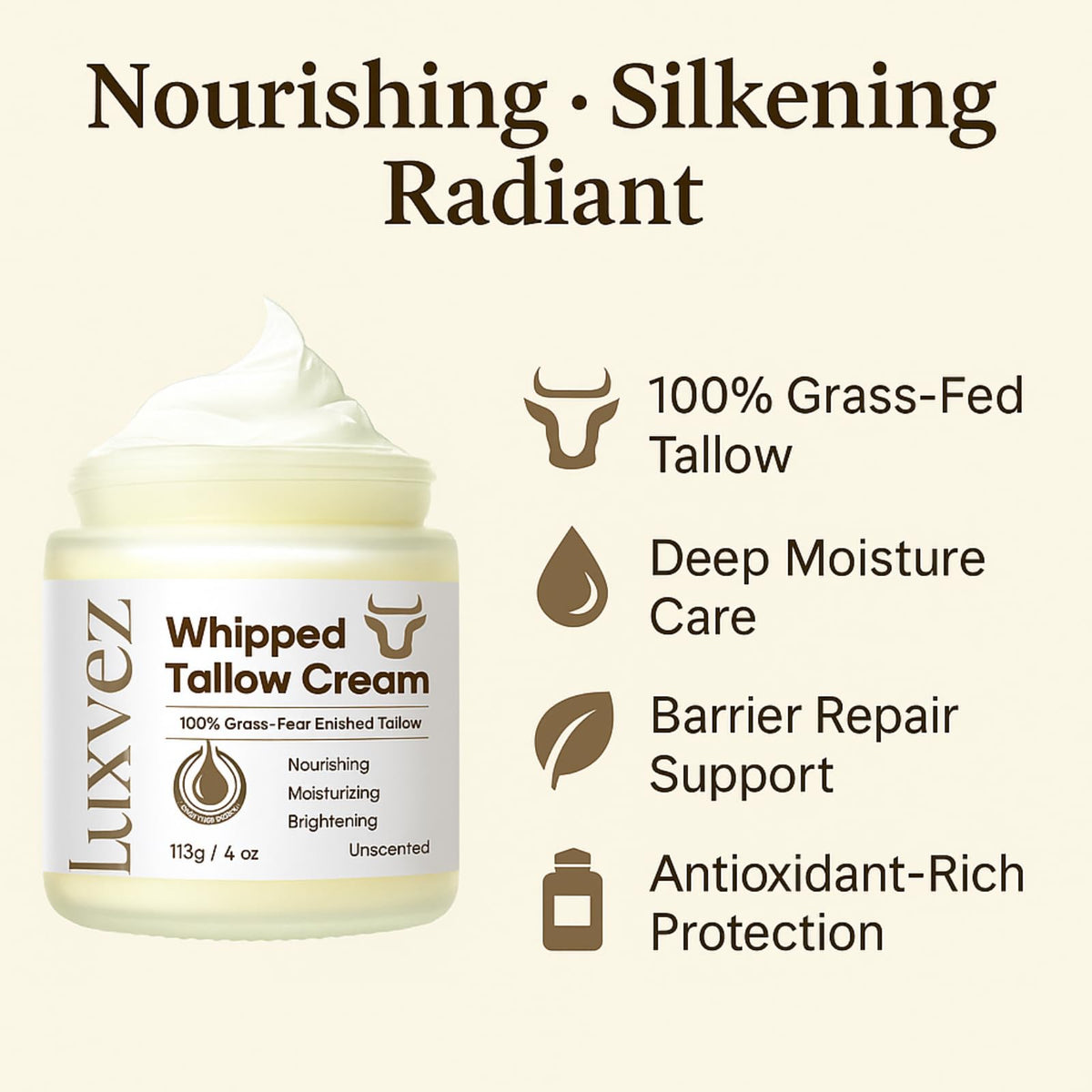 Luxvez Beef Tallow Cream whipped texture on hand showing easy spread