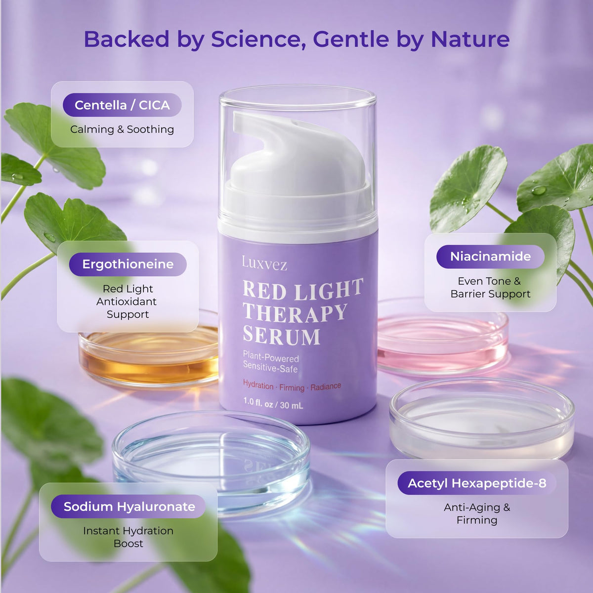 Luxvez serum contains green tea and niacinamide ingredients for skin support.