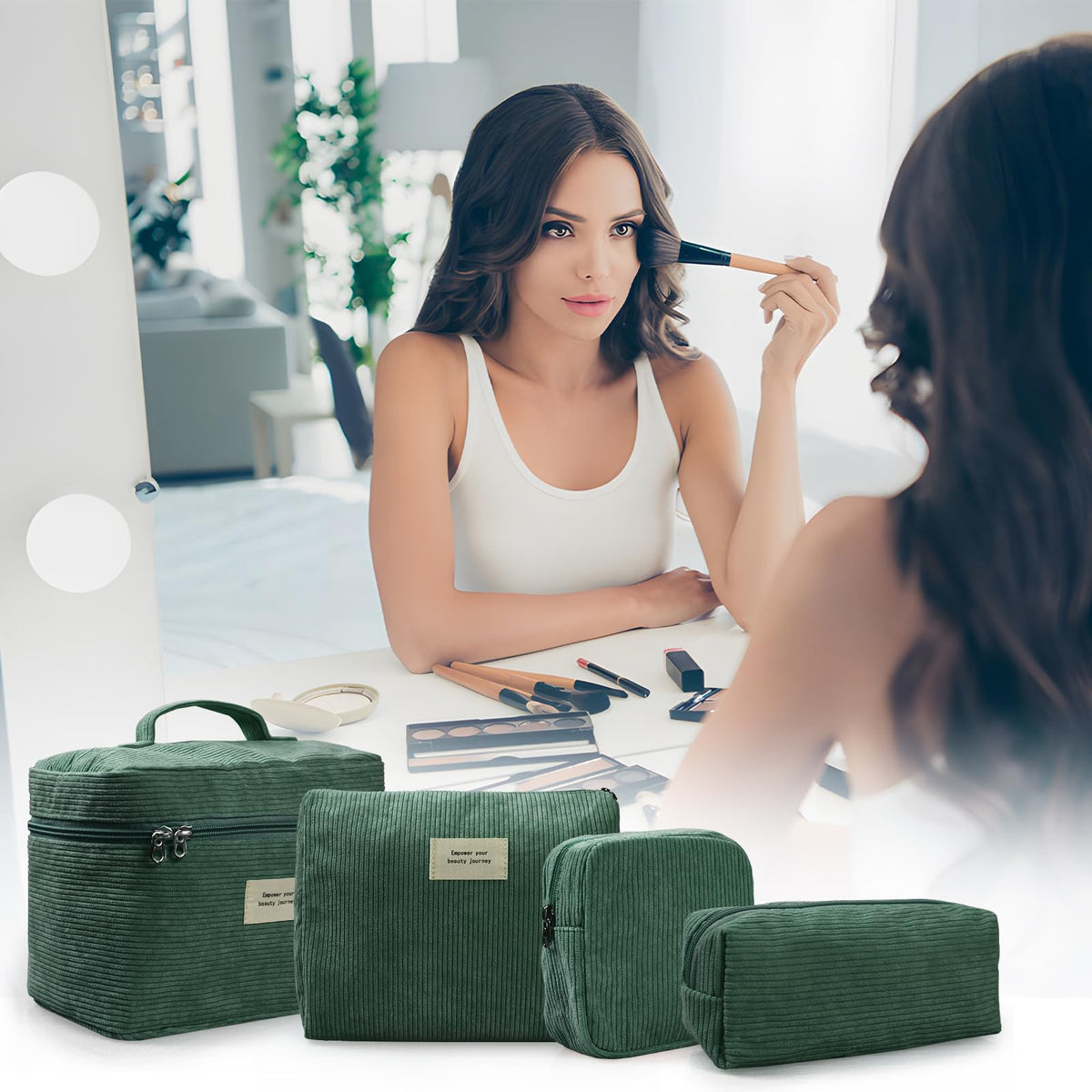 LVWNM corduroy makeup bag set, multi-use display, fits bags, phones, and cosmetics.