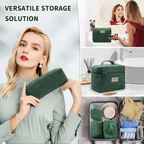 LVWNM corduroy makeup bag set, travel-kit display, keeps cosmetics organized on trips.