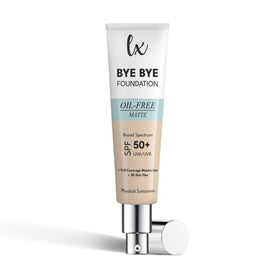 LX Blend Bye Bye Foundation oil-free matte bottle for all-day coverage.