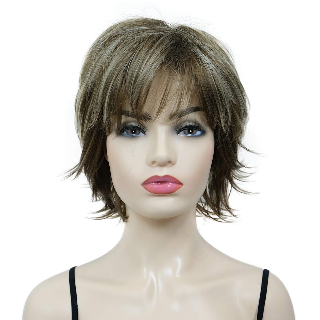 Lydell short layered shaggy wig 12TT26 front view shows natural movement and golden brown highlights.