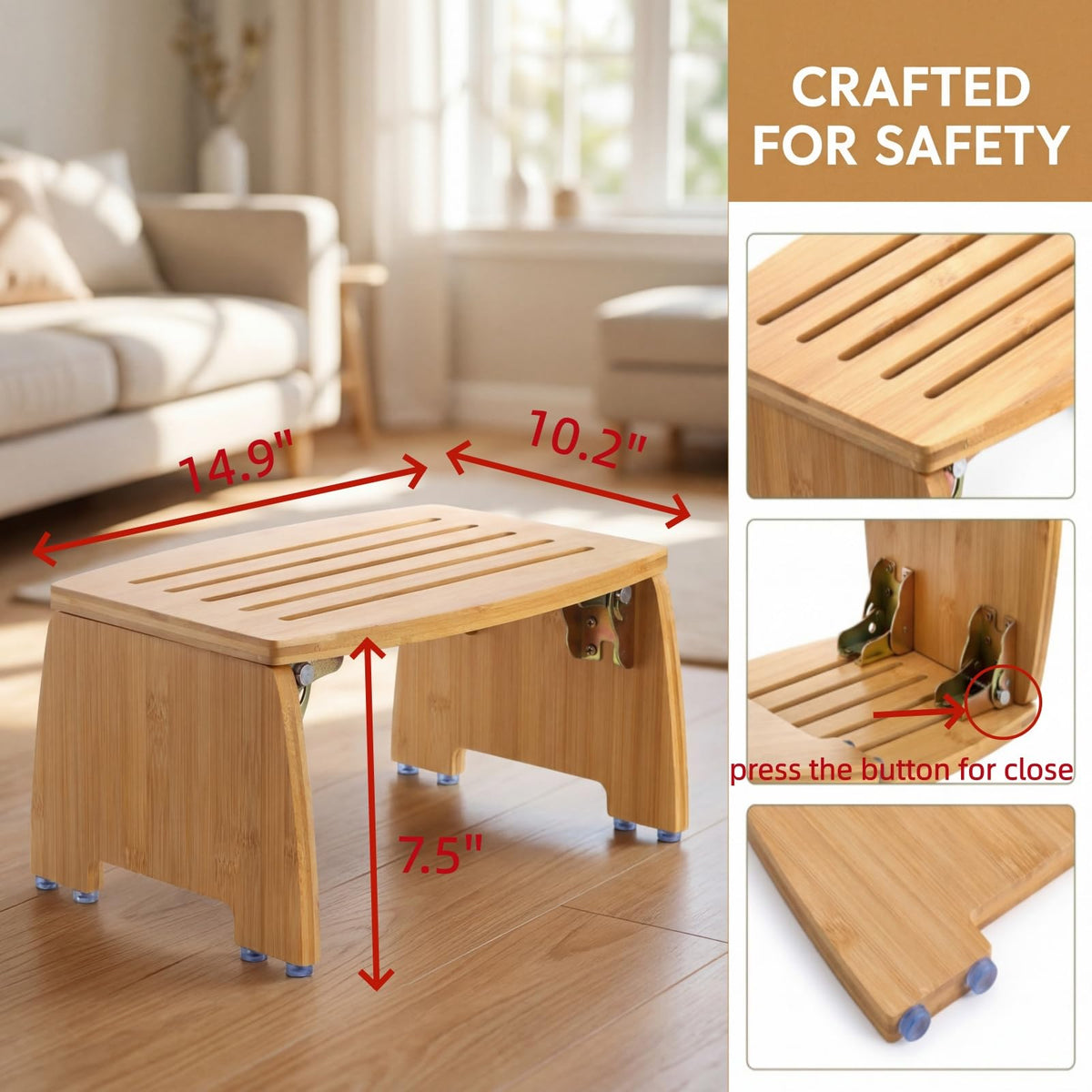 Lyellfe bamboo folding stool folded for compact storage
