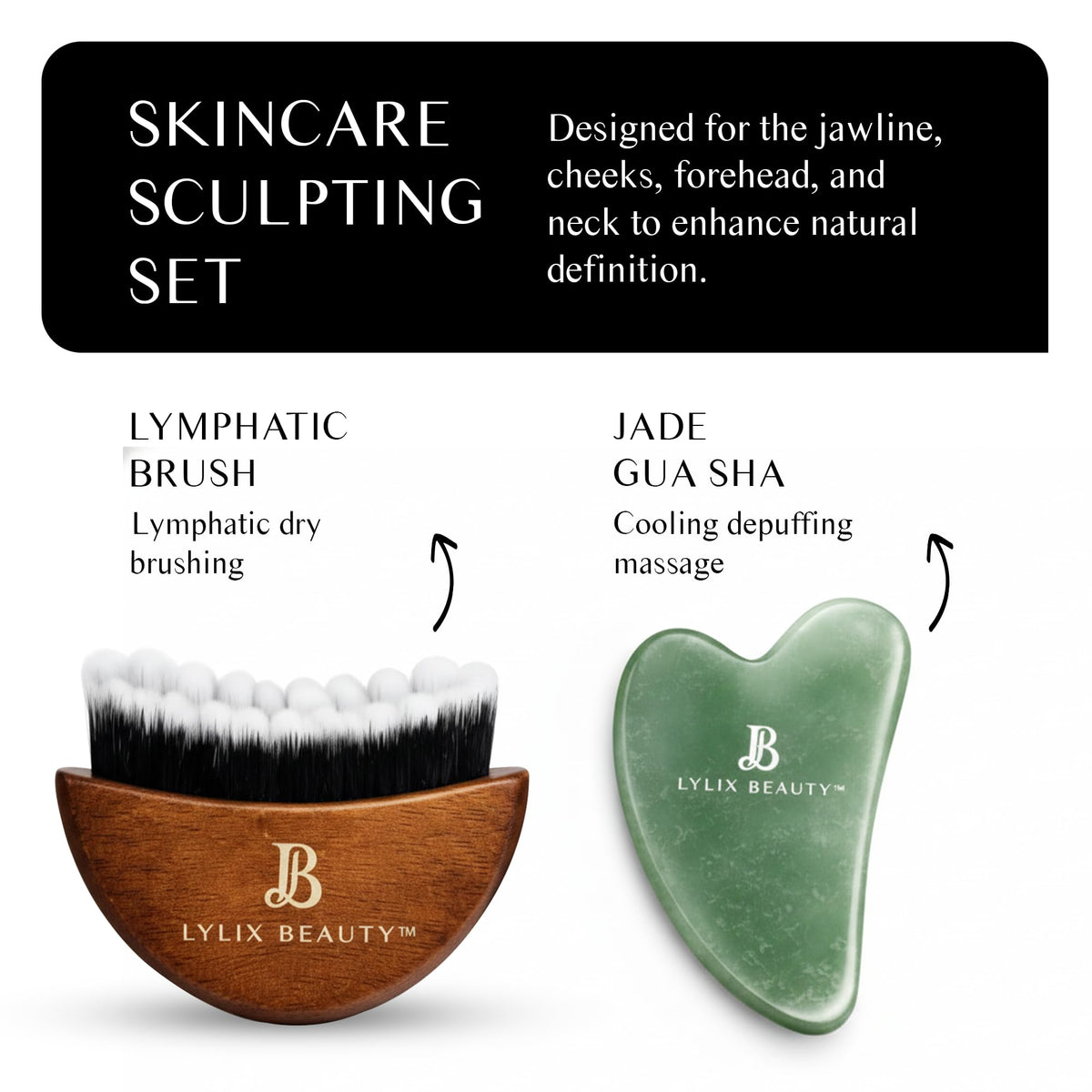 Lylix Beauty jade gua sha face tool gliding with serum for facial tension relief.