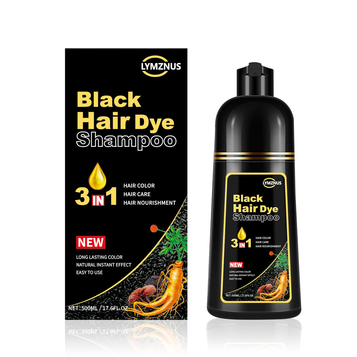 Lymznus bottle with label showing the 3-in-1 herbal black hair dye shampoo.