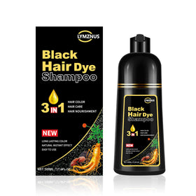 Lymznus bottle with label showing the 3-in-1 herbal black hair dye shampoo.