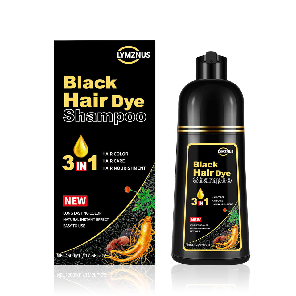 Lymznus bottle with label showing the 3-in-1 herbal black hair dye shampoo.