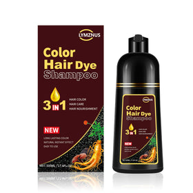 Lymznus Dark Chocolate Hair Dye Shampoo bottle being poured for easy at-home application.