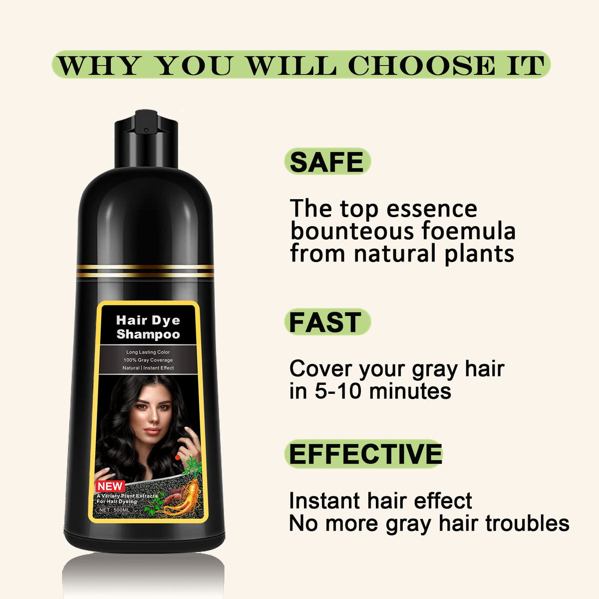 Lymznus Instant Black Hair Dye Shampoo on-dry-hair delivers quick color.