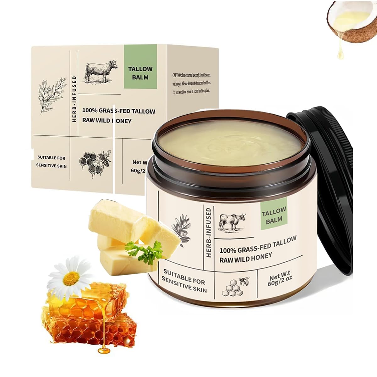 Lynmalrity Tallow Honey Balm jar closeup highlighting creamy texture for deep hydration.