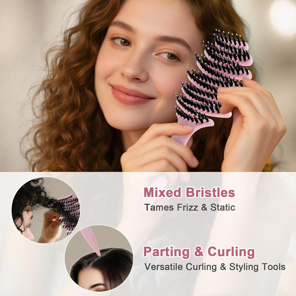 Lynnieëlle curved-paddle brush fits the scalp for a smooth brushing experience.