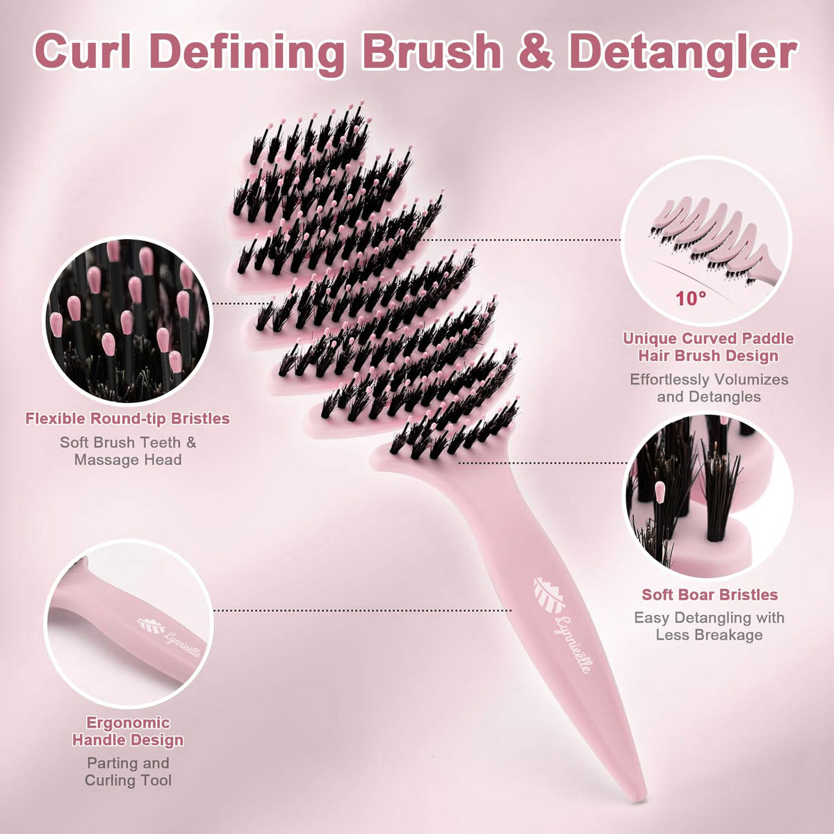 Lynnieëlle light pink hair brush with ergonomic handle for comfortable styling.