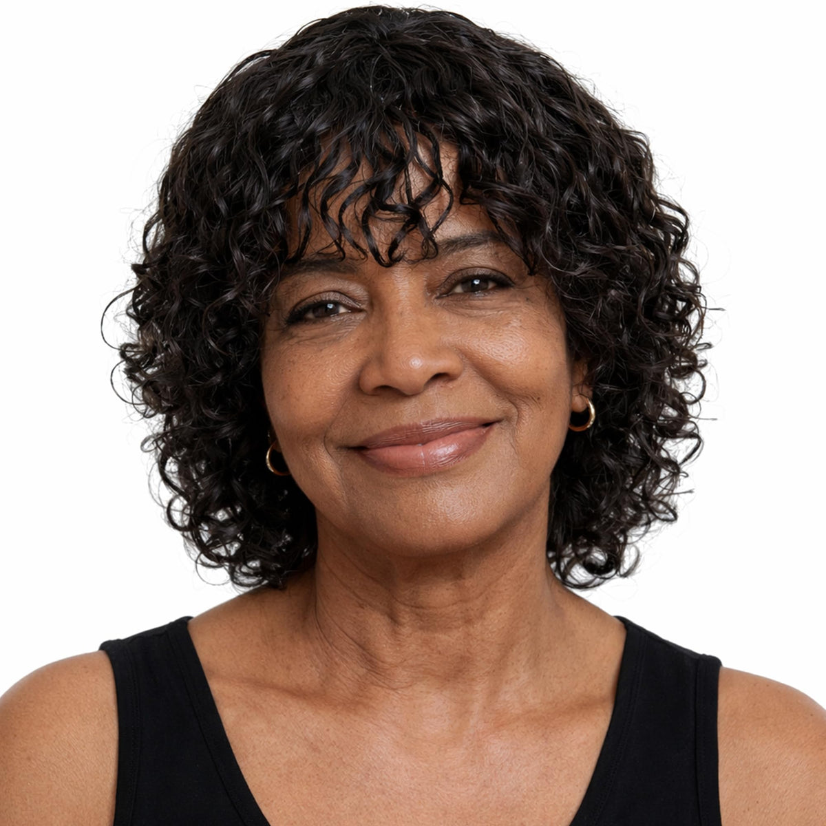 LYOLKSER glueless wig with short water waves and bangs for easy daily wear.