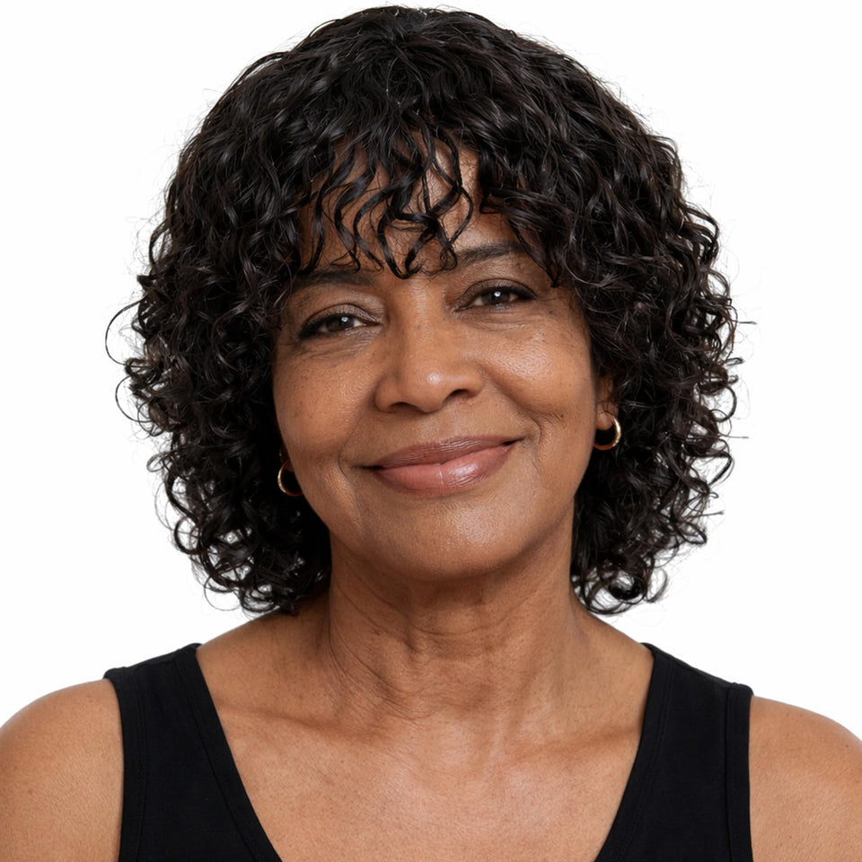 LYOLKSER glueless wig with short water waves and bangs for easy daily wear.