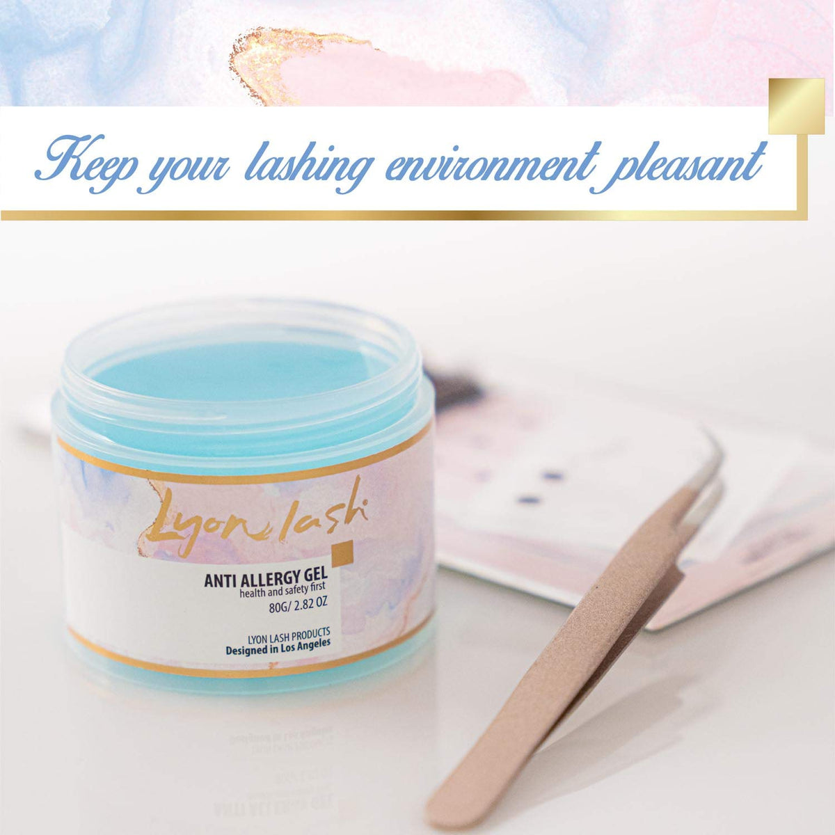 Lyon Lash studio setup featuring anti-allergy gel for professional lash artists