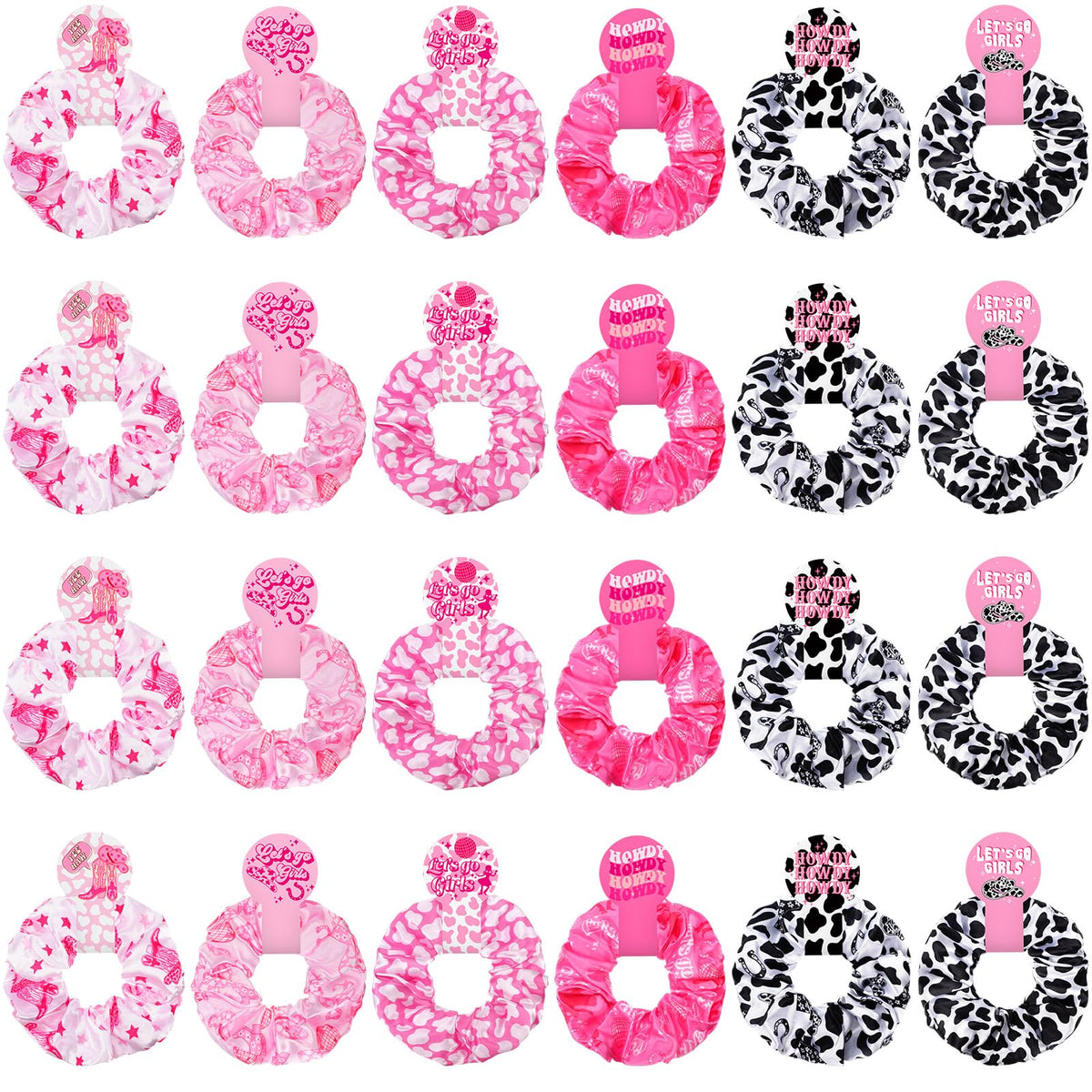 Lyrow cowgirl cow-print scrunchie pink close-up for secure daily hairstyles.