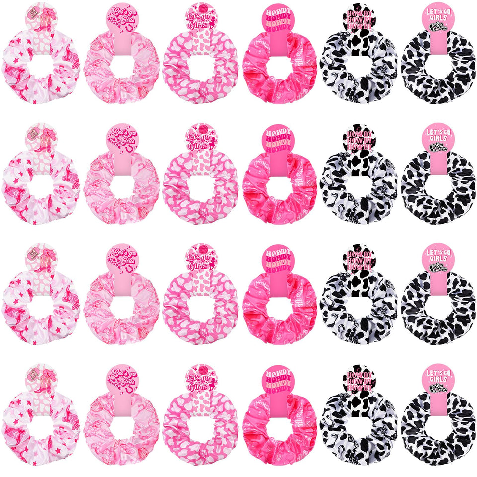 Lyrow cowgirl cow-print scrunchie pink close-up for secure daily hairstyles.