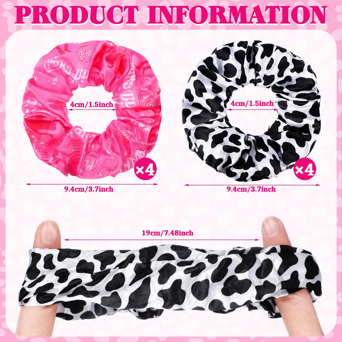 Lyrow cowgirl cow-print scrunchie pink variant shown, soft fabric for comfortable all-day wear.