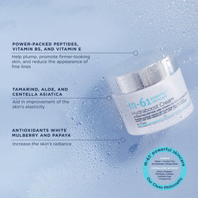 M-61 Hydraboost Cream ingredients panel featuring hyaluronic acid and vitamins