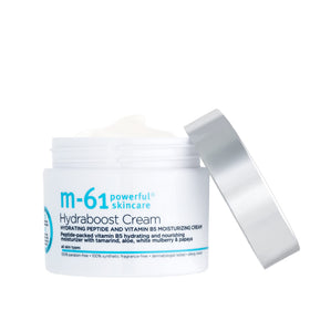 M-61 Hydraboost Cream label indicates vegan and allergy-tested skincare