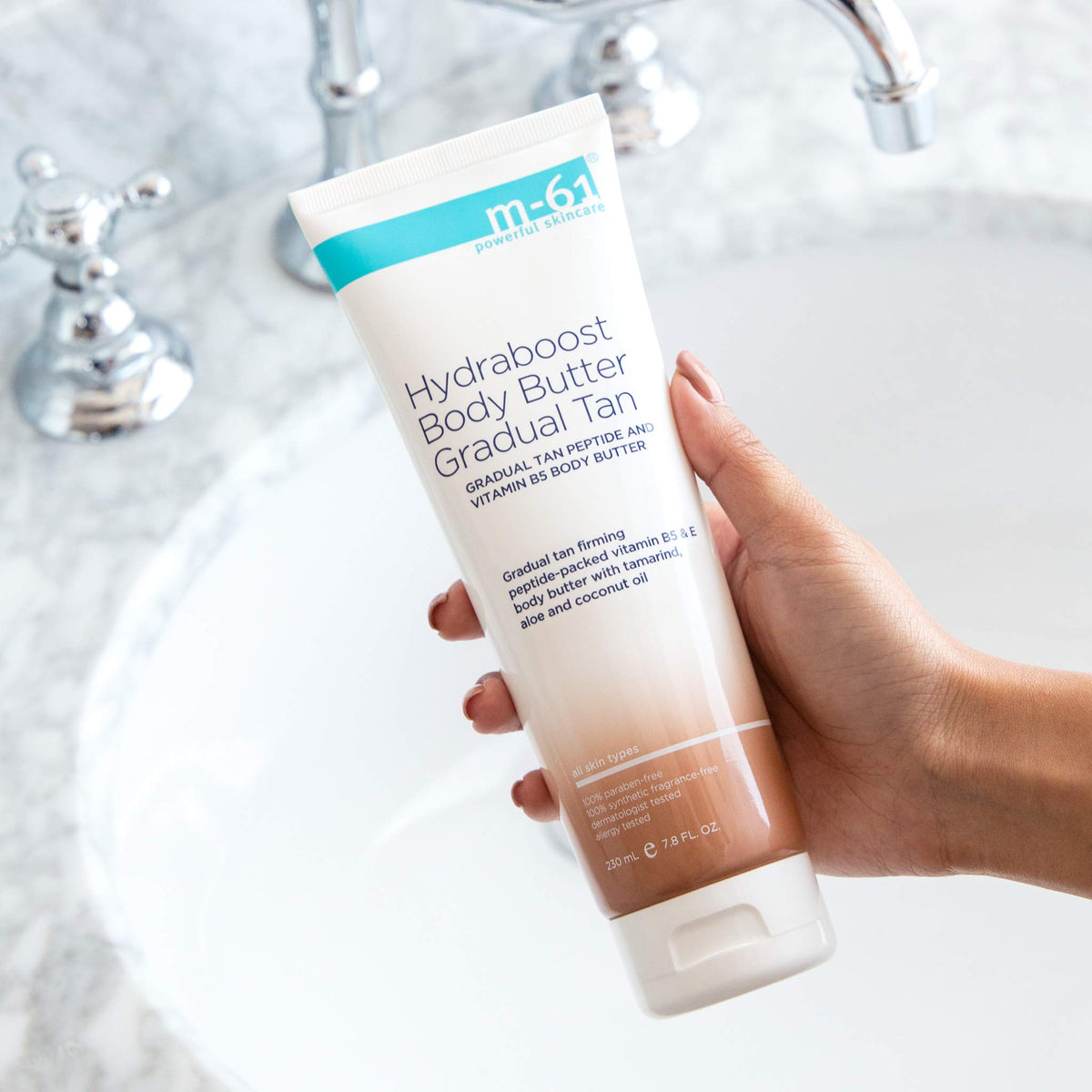 m-61 Hydraboost gradual tan butter on arm demonstrates streak-free self-tan potential