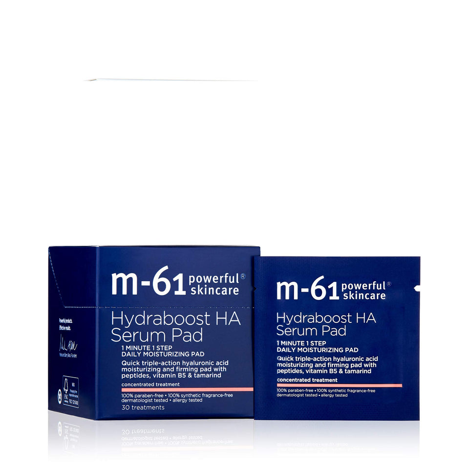 M-61 Hydraboost HA Serum Pad packaging shows vegan formula and 48-hour hydration.