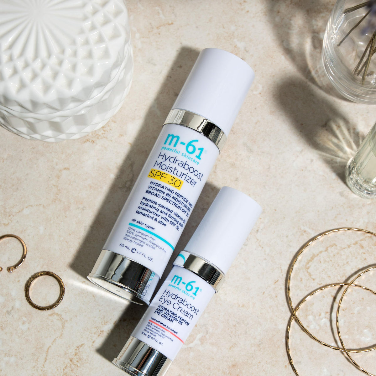 M-61 Hydraboost peptide-action close-up hints at wrinkle-appearance reduction.