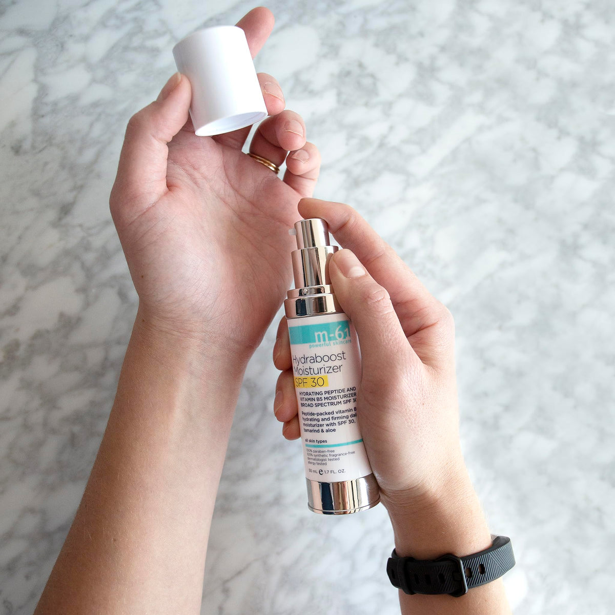 M-61 Hydraboost unscented label communicates fragrance-free daily moisturizer.