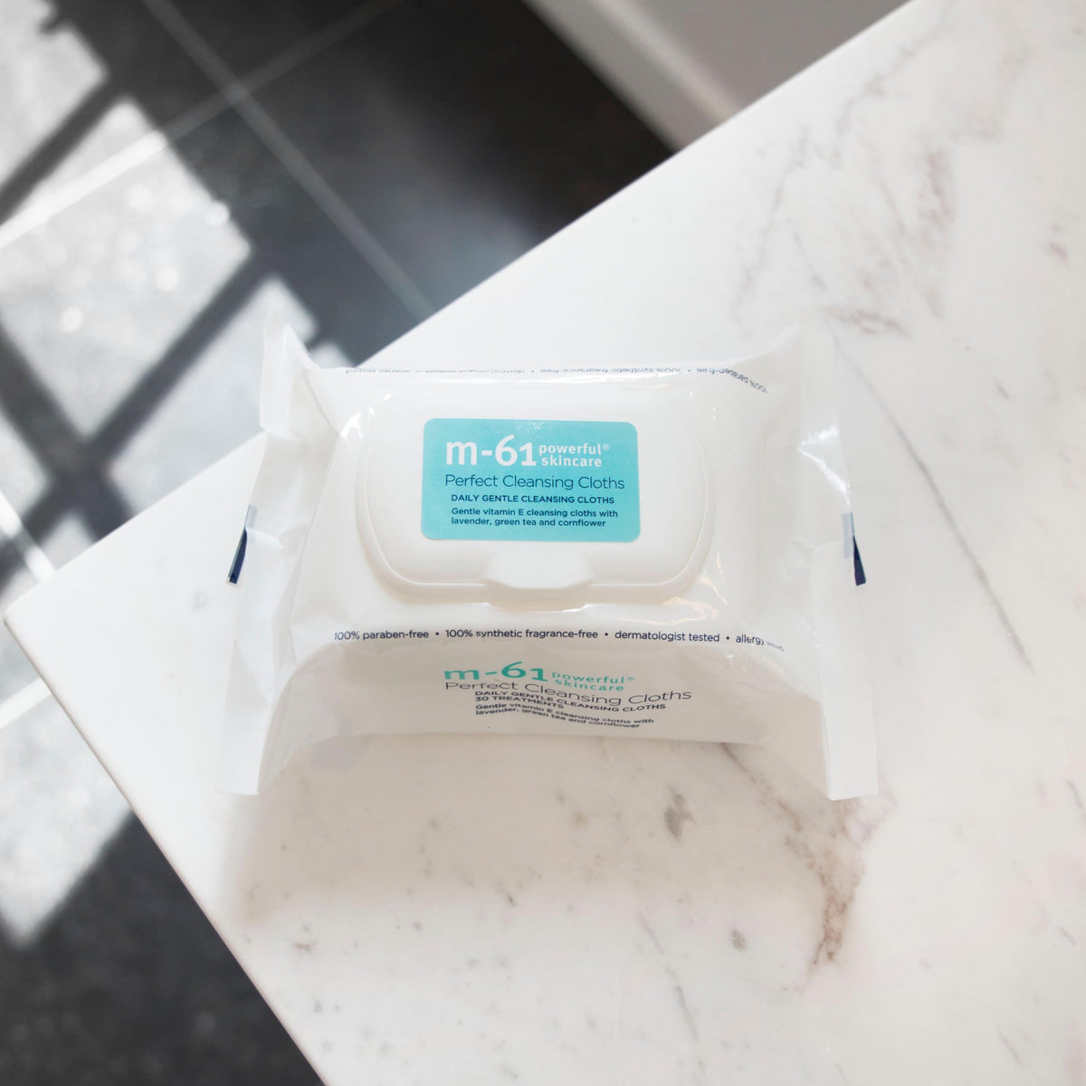 m-61 Perfect Cleansing Cloths ingredients closeup: lavender and green tea soothe the skin.