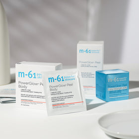 m-61 PowerGlow Peel Body towelette ingredients highlight glycolic acid and bilberry for smoother skin.