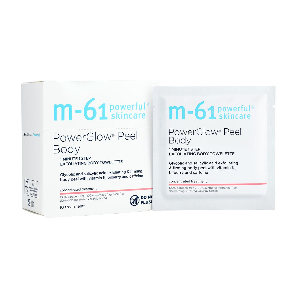 m-61 PowerGlow Peel Body towelette pack for convenient full-body exfoliation and smoother skin.