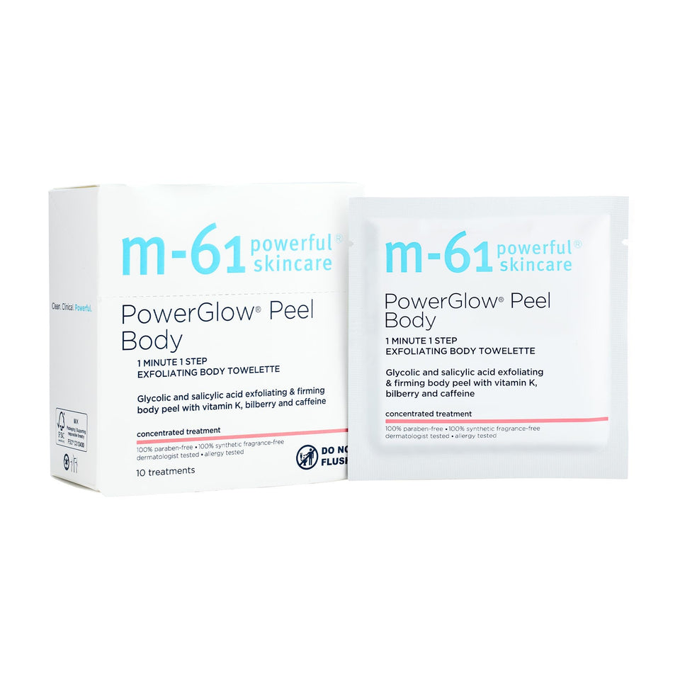 m-61 PowerGlow Peel Body towelette pack for convenient full-body exfoliation and smoother skin.