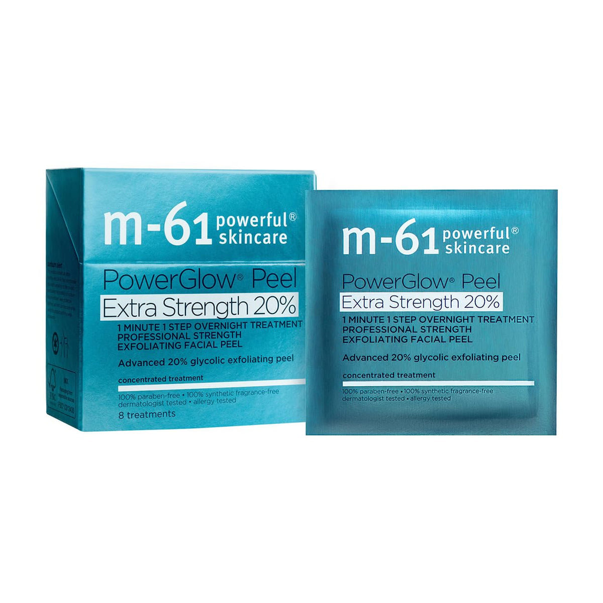 M-61 PowerGlow Peel pad close-up highlighting exfoliation with 20% glycolic acid for smoother skin.