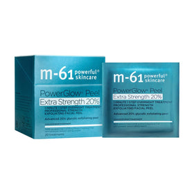 m-61 PowerGlow Peel pad closeup highlights 20% glycolic acid for resurfacing.