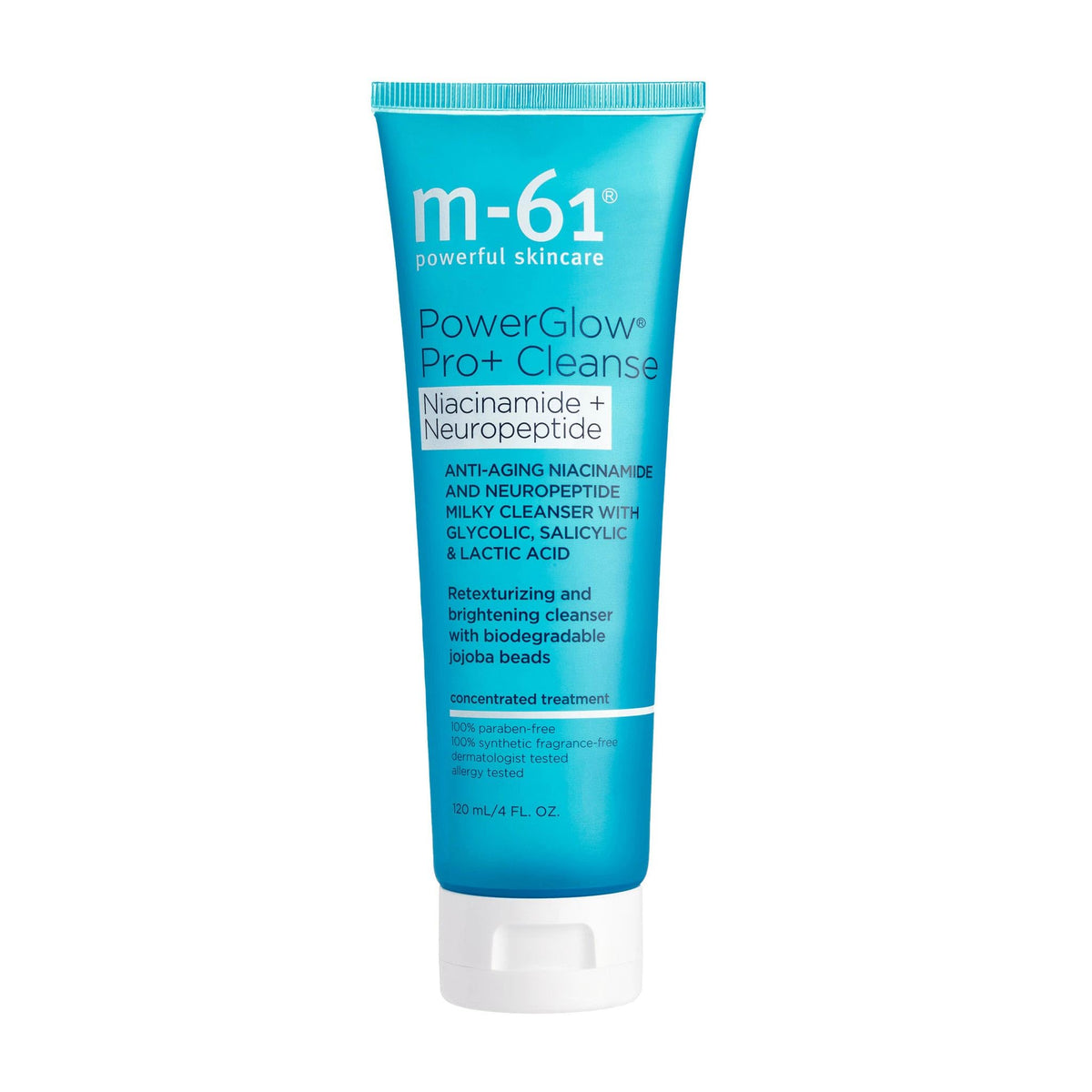 m-61 PowerGlow Pro+ Cleanse bottle on display, gentle daily cleansing that prepares skin for exfoliation.