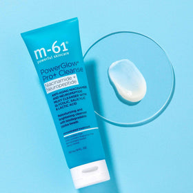 m-61 PowerGlow Pro+ Cleanse ingredients panel with niacinamide and neuropeptides for skin conditioning.
