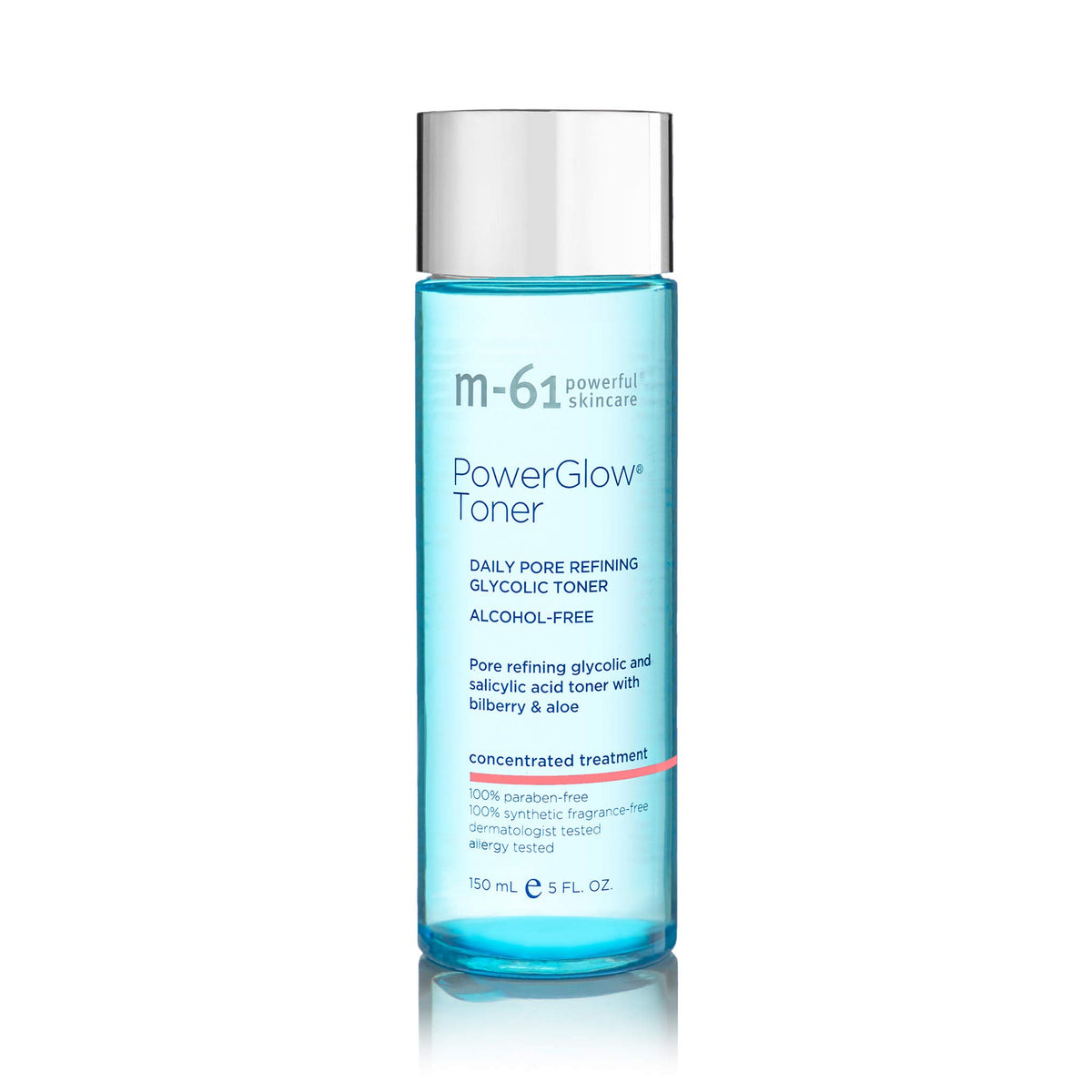 m-61 PowerGlow Toner bottle front showing an alcohol-free, pore refining formula.