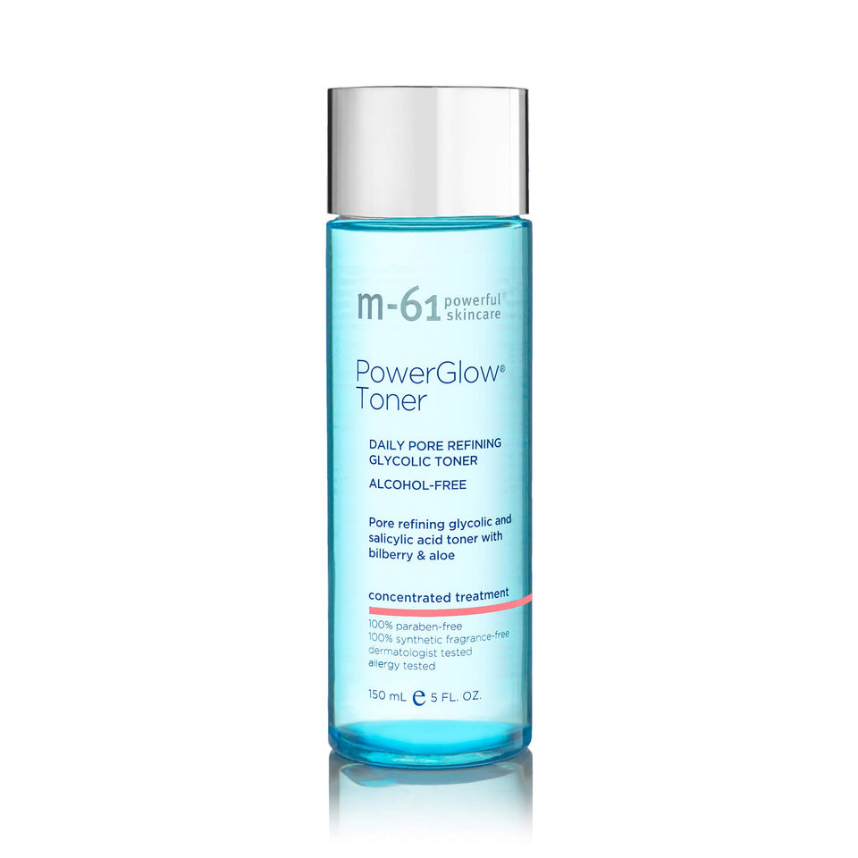 m-61 PowerGlow Toner bottle front showing an alcohol-free, pore refining formula.