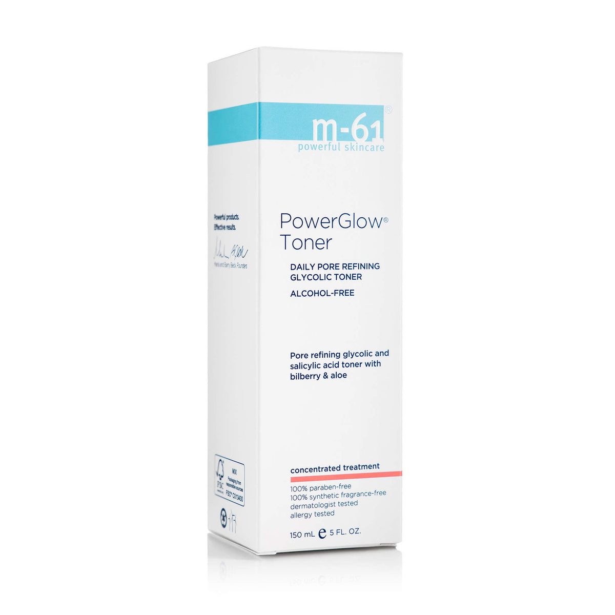 m-61 PowerGlow Toner label closeup highlighting glycolic and salicylic acids.
