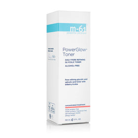 m-61 PowerGlow Toner label closeup highlighting glycolic and salicylic acids.