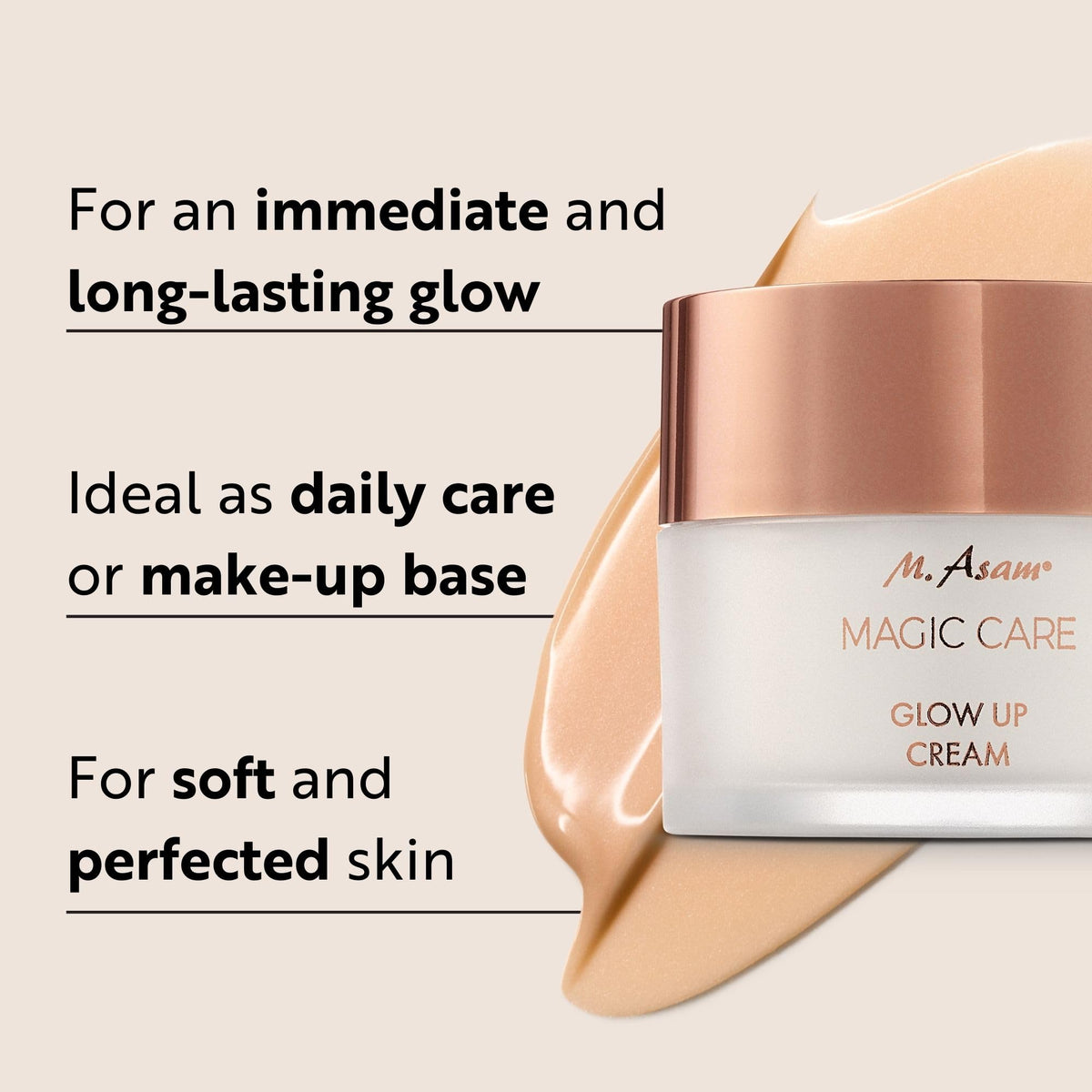 M. Asam Glow Up Cream texture swatch reveals light-reflecting pigments