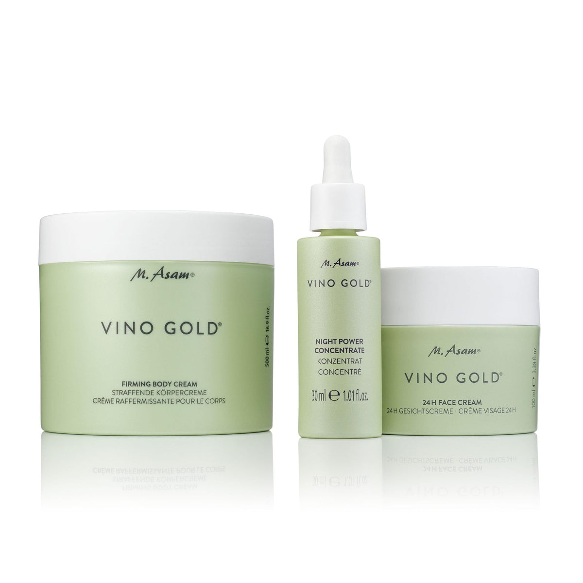Eco-friendly packaging of M. Asam VINO GOLD 24h cream emphasizes premium skincare.