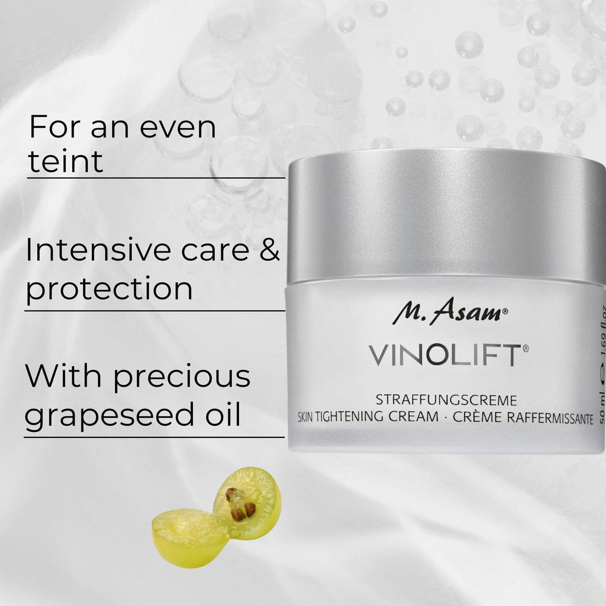 M. Asam Vinolift cream jar open reveals rich texture for daily moisturization