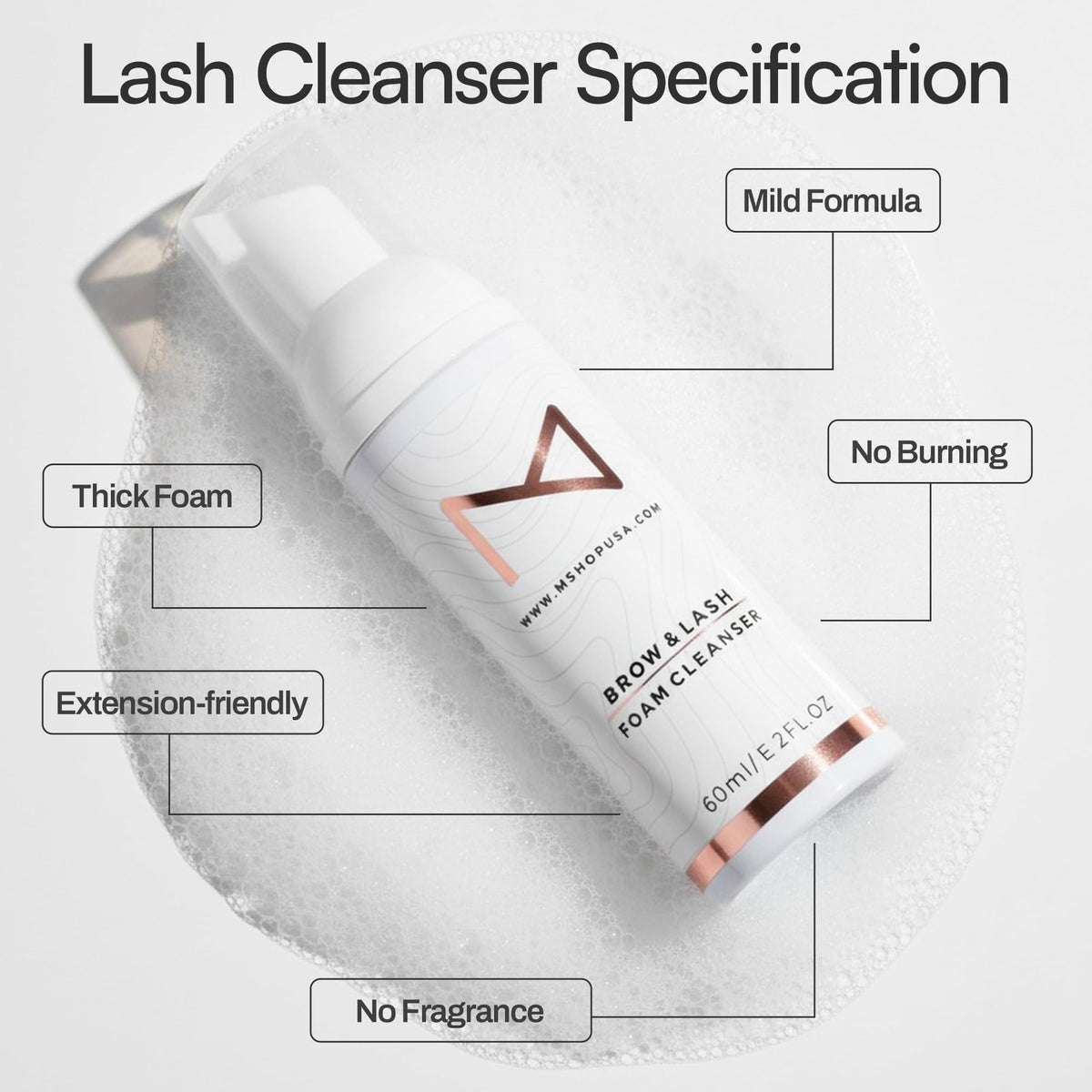M Beauty Studio home-use foam cleanser; simple daily lash and brow care.
