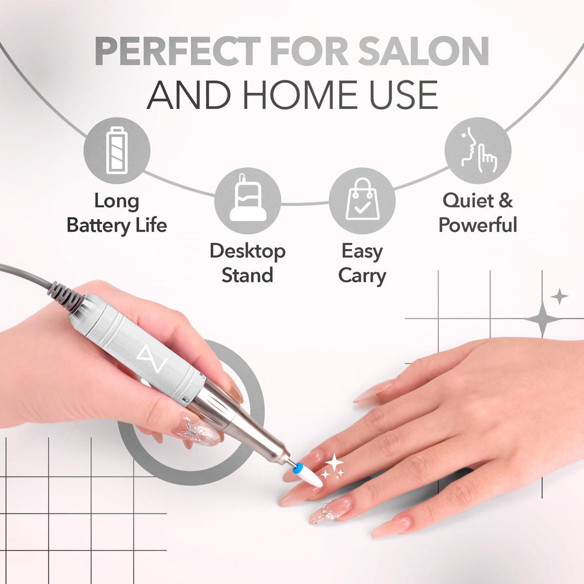 Portable cordless setup of Mase nail drill for at-home use.