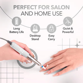Portable cordless setup of Mase nail drill for at-home use.