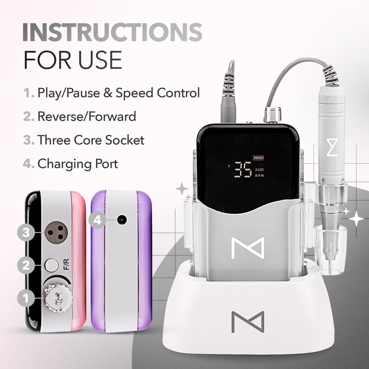 LCD display on Mase 2-in-1 nail drill shows speed at a glance.