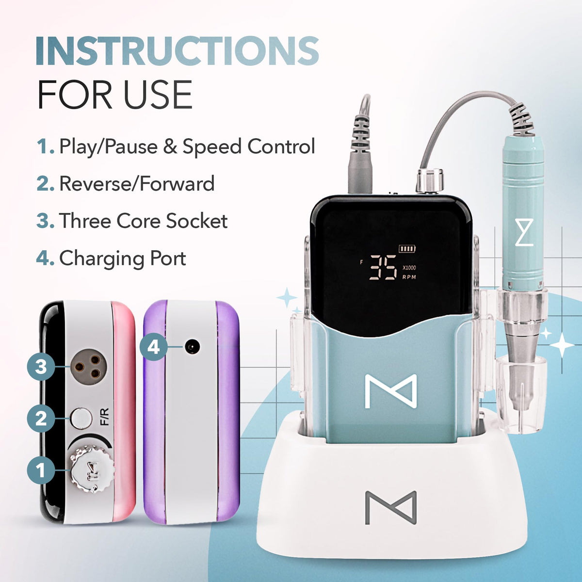 Adjustable speed control enables precise, customized nail prep for different techniques.